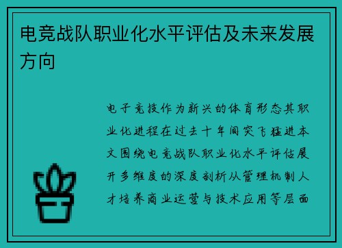 电竞战队职业化水平评估及未来发展方向
