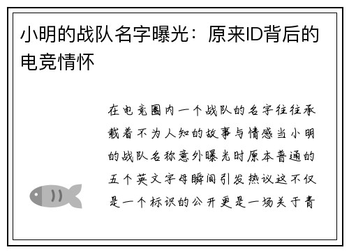 小明的战队名字曝光：原来ID背后的电竞情怀